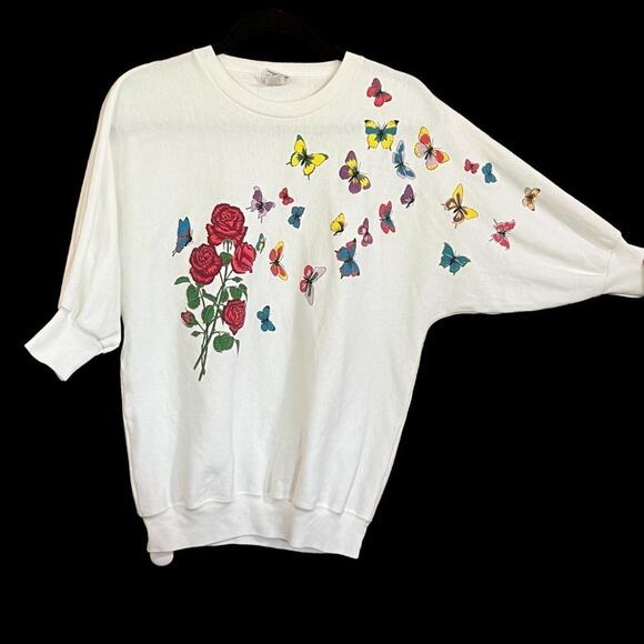 Vintage Butterfly Rose White Sweatshirt Grandmacore Maxmalist Cottagecore - Picture 5 of 9